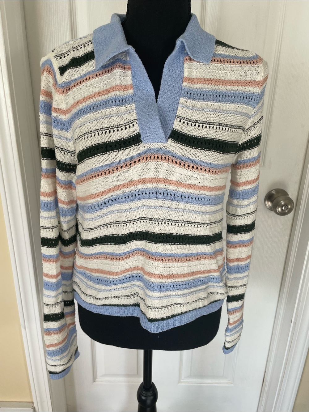 Madewell Pastel Striped V-Neck Knit Sweater in Blue, Cream, Pink & Black
